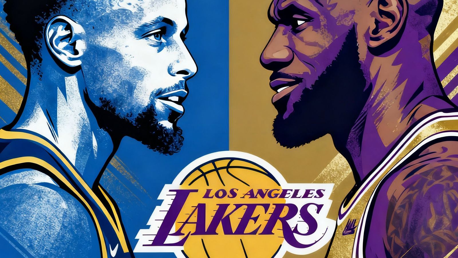 NBA圣诞大战前瞻文章配图，画面中央是勇士和湖人的队徽对峙，两侧分别是库里和詹姆斯的肖像剪影