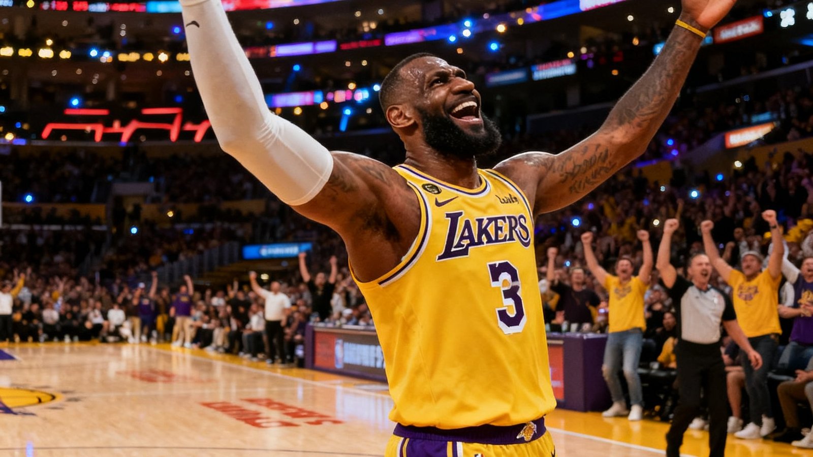 NBA常规赛湖人主场迎战凯尔特人的全场集锦封面，詹姆斯投进关键三分后转身庆祝，斯台普斯中心气氛达到高潮
